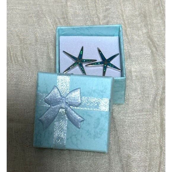 Silver Opal Starfish Earring 925 Sterling Rhodium Finish Post Stud Free Gift Box - Picture 1 of 5